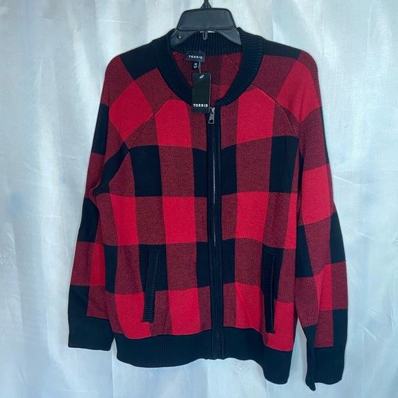 TORRID CARDIGAN ZIP UP BOMBER SWEATER PLAID - Picture 8 of 9